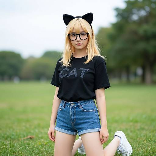 Photograph of a blonde, fair-skinned woman with black cat ears and glasses, wearing a black 