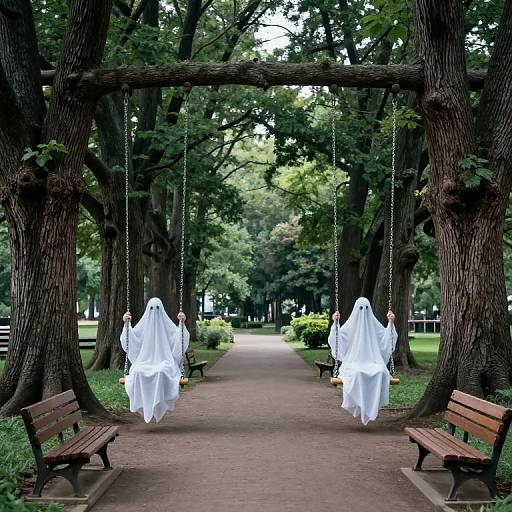 Photograph of two white ghost figures on swings, hanging from a tree archway in a lush, tree-lined park with wooden benches on either side.