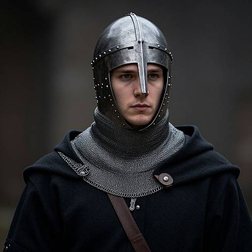 Photograph of a solemn young man in medieval armor, with a silver helmet, chainmail coif, and black cloak, set against a dark,
