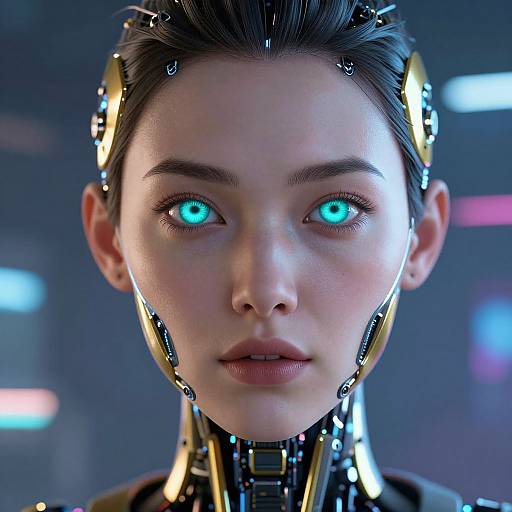 CGI image of a cybernetic woman with glowing blue eyes, sleek black hair, and metallic headgear, against a blurred blue and pink background