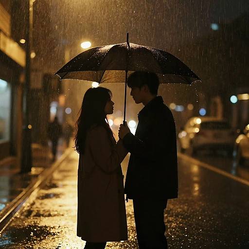 Romantic Couple Under Rainy Streetlights