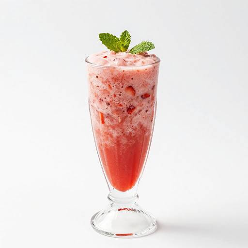Photograph of a tall, clear glass filled with a pink, strawberry-infused smoothie, topped with fresh green mint leaves, against a white background