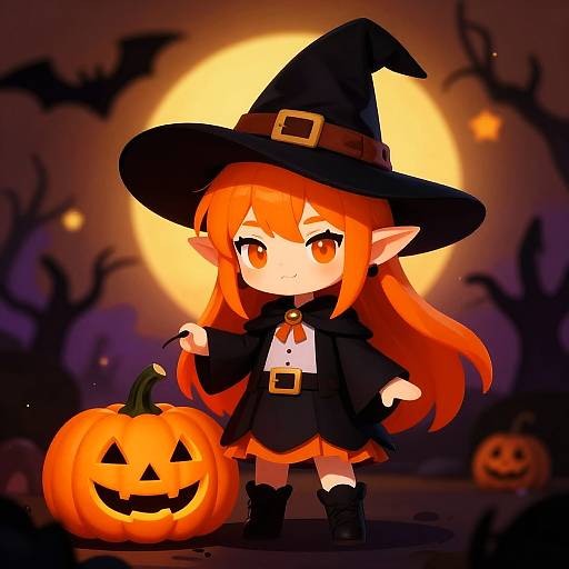 Chibi-style digital art of a cute red-haired witch girl with pointed ears, wearing a black hat and cloak, holding a glowing pumpkin in front of