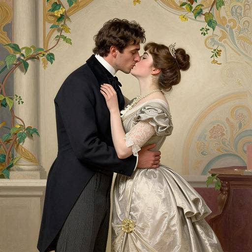 Victorian-era couple kissing; man in black tailcoat, woman in silver satin dress with lace sleeves, adorned with gold brooch, in ornately