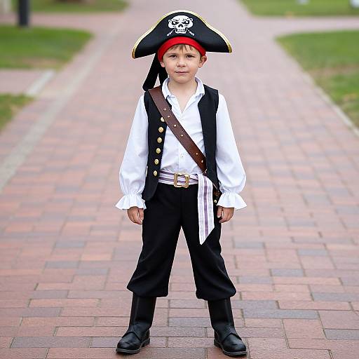 Photograph of a young boy dressed as a pirate with a black tricorn hat, white shirt, black vest, pants, and belt. Standing on