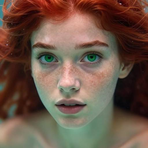 Close-up photograph of a fair-skinned, freckled woman with vibrant red curly hair and striking green eyes, looking directly at the camera. Her