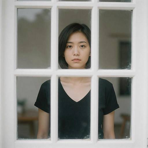 Woman Looking Through White Window Frame