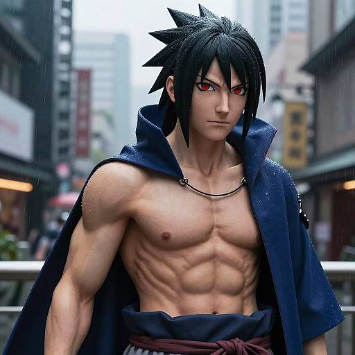 Digital anime-style drawing of a muscular, shirtless man with spiky black hair, red eyes, blue cloak, standing in a rainy city street.