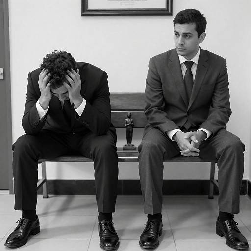 Two businessmen on bench in black and white
