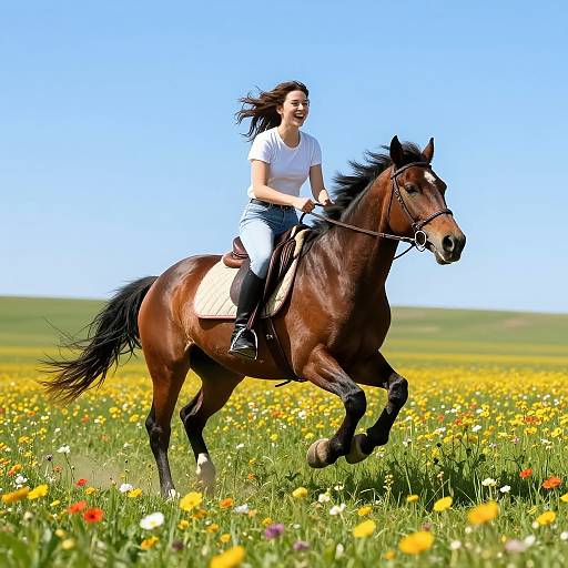 Girl Riding Horse Across Wildflower Meadow