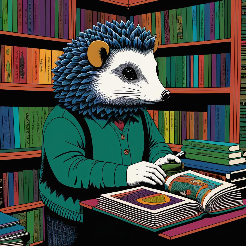 Hedgehog Librarian in a Cozy Library