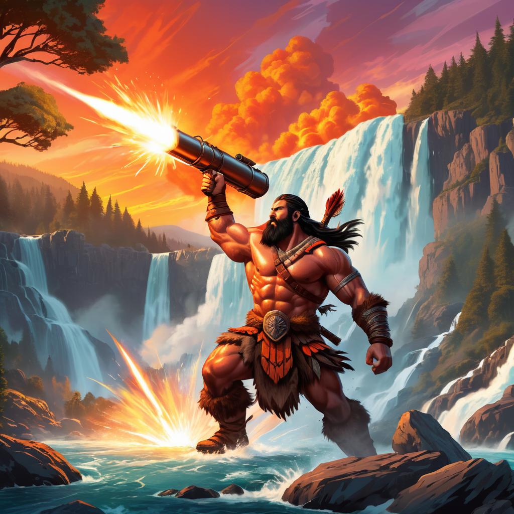 Barbarian Warrior with Rocket Launcher at Sunset