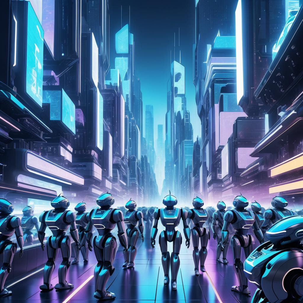 Futuristic Robots in a Bustling City