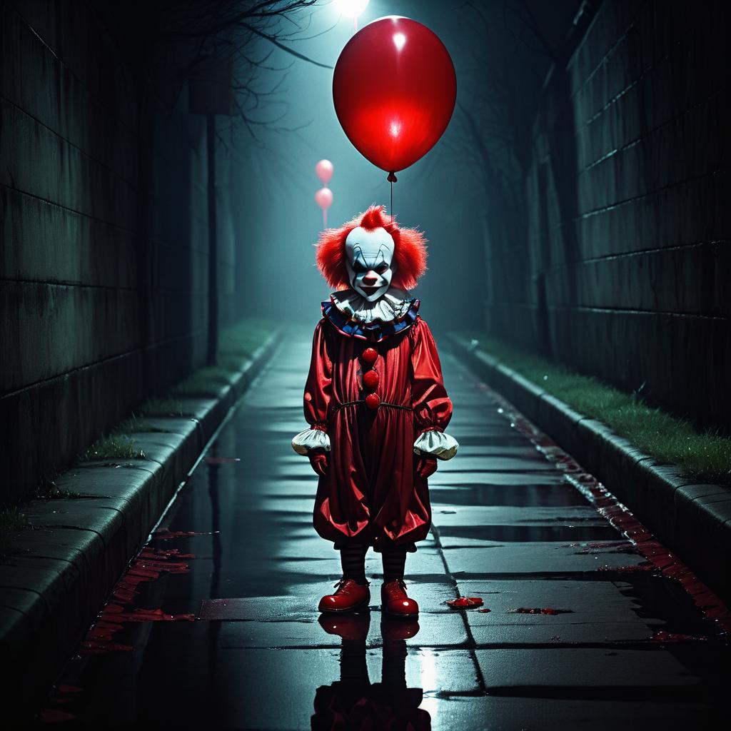 Eerie Clown in Gutter with Balloon