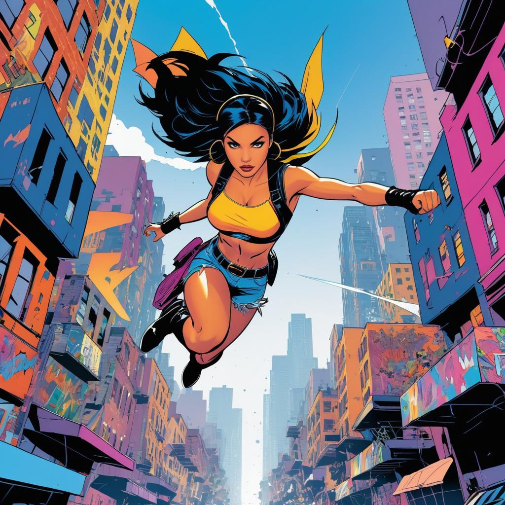 Fierce Heroine Soaring Above the City