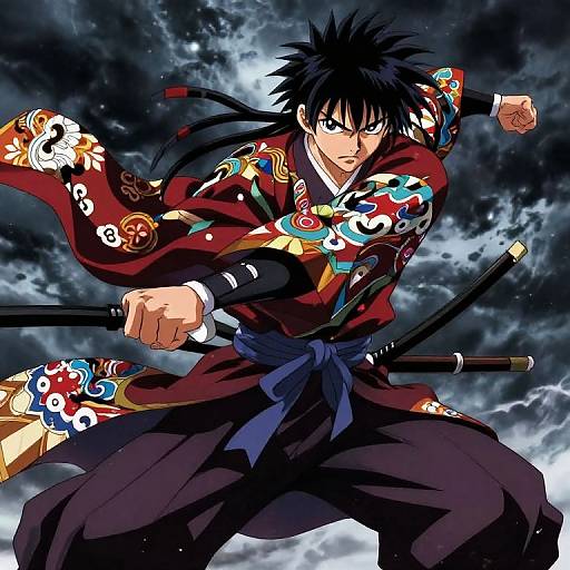 Digital anime artwork of a fierce, black-haired samurai with spiky hair, wearing a red, ornately decorated kimono, gripping a katana