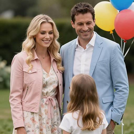 Photograph of smiling blonde woman in pink jacket and floral dress, dark-haired man in blue blazer, standing with young girl facing away, colorful balloons