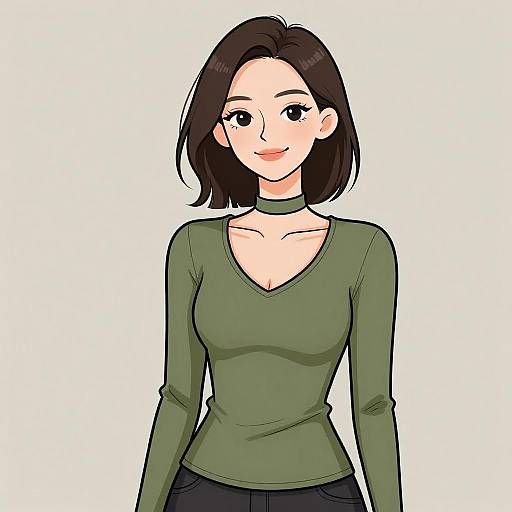 Digital anime-style drawing of a smiling woman with short black hair, green long-sleeve top, black choker, and dark pants against a white