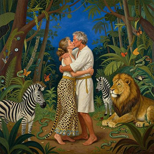 Illustration of an elderly couple kissing in a lush jungle, surrounded by a zebra, snake, and lion, with butterflies.