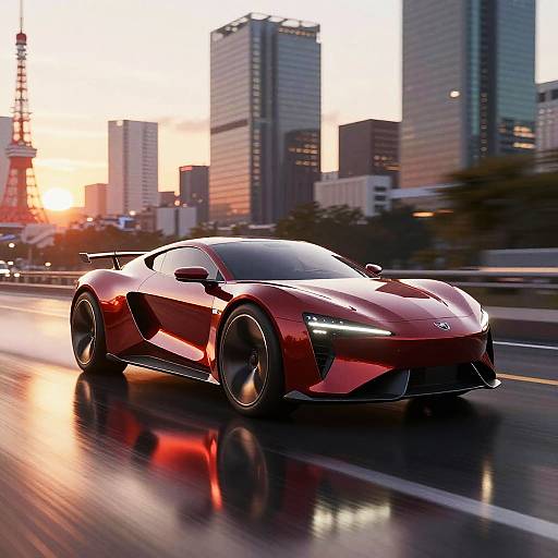 Photorealistic CGI of a red, sleek sports car with aggressive design, speeding on a wet city highway at sunset, with tall skyscrapers and