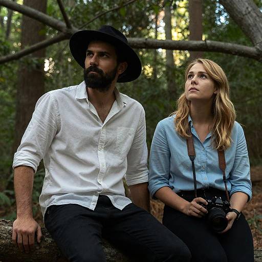 Young Couple Sitting on Tree Branch in Forest