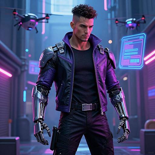 Cyberpunk man with short curly hair, black leather jacket, and metallic robotic arms, standing in a neon-lit futuristic alleyway. Drones