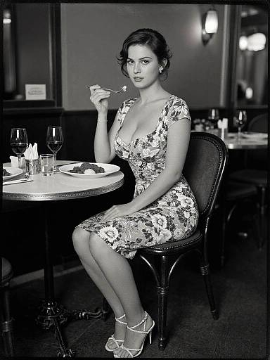 Black and white photograph of a woman in a floral dress, sitting at a dimly lit restaurant table, elegantly holding a star-shaped object.