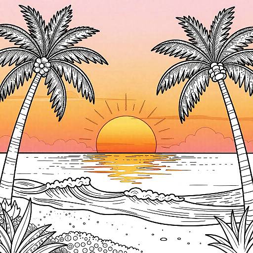 Black and white illustration of a tropical sunset with two palm trees framing a glowing orange sun over an ocean.