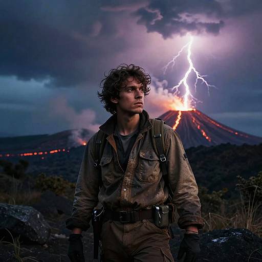 Explorer at Night Amid Erupting Volcano