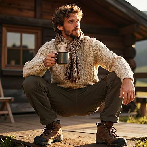 Photograph of a bearded man with curly hair, wearing a cream knitted sweater, scarf, and brown pants, squatting outdoors, holding a