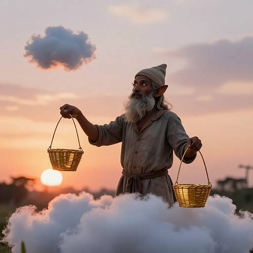 Photograph of a bearded, elderly man with pointed ears, wearing a gray robe and hat, holding two baskets, standing amidst fluffy clouds at sunset