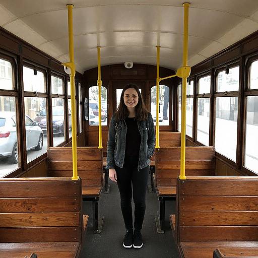 Photograph of a smiling young woman with long brown hair, wearing a black jacket and jeans, standing in an empty, vintage wooden bus with yellow poles