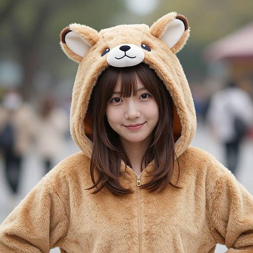 Asian woman with brown hair wearing a tan, bear-themed hooded onesie with ears and black nose, smiling in a blurred, outdoor urban background.