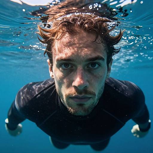 Underwater photograph of a focused, brown-haired man with light stubble, wearing a black wetsuit, looking directly at the camera. Blue water
