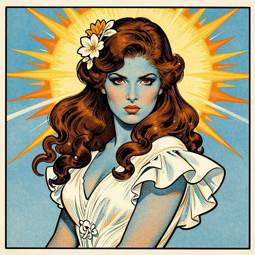 Comic-style illustration of a blue-skinned, red-haired woman with a white flower in her hair, wearing a white ruffled dress, against a radiant