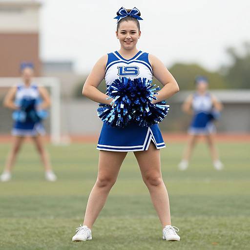 Photograph of a smiling young female cheerleader in blue and white uniform, holding blue pom-poms, standing on grassy field with blurred background and