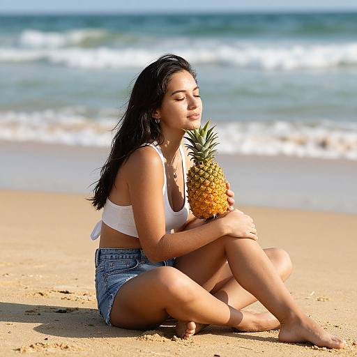 Photograph of a tanned woman with long black hair, wearing a white crop top and denim shorts, sitting on a beach holding a pineapple, with