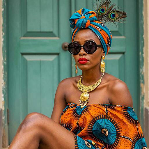 Elegant Woman in Vibrant Headwrap and Sunglasses