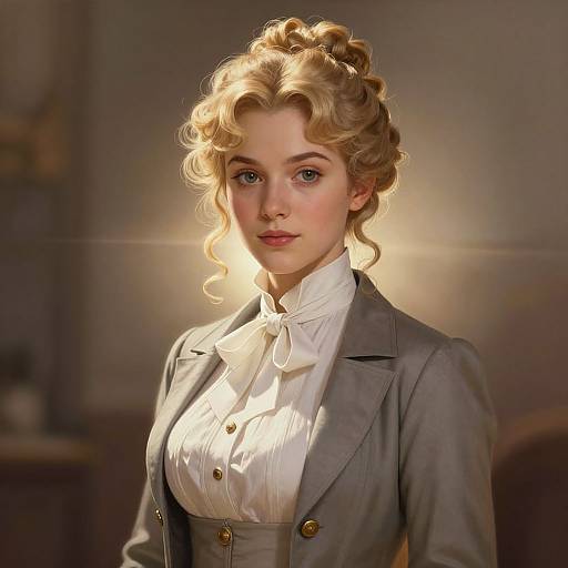 Digital painting of a blonde, fair-skinned woman with curly hair, wearing a gray jacket over a white blouse with a bow tie, illuminated by soft