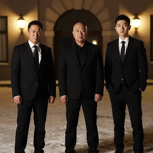Three Men in Black Suits Outdoors at Night