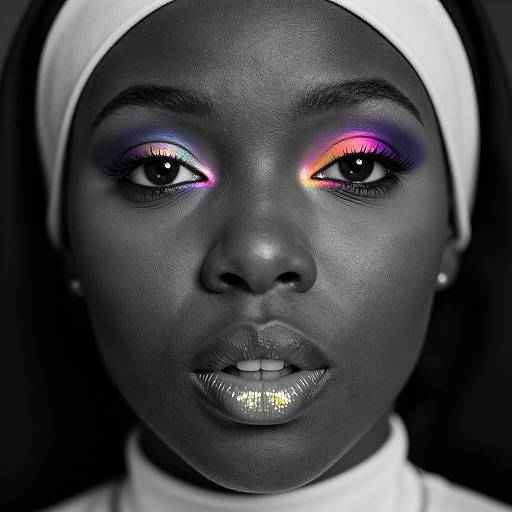 Close-up photograph of a dark-skinned woman with glowing purple, pink, and blue eyeshadow, wearing a white headscarf, against a