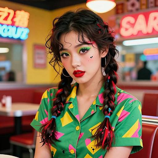 Photograph of an Asian woman with wavy black hair in braids, wearing a green shirt with pink and yellow patterns, red lipstick, and green