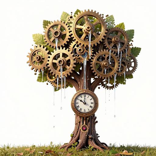 Fantastical tree with large, interlocking gears and dripping water, featuring a clock face in the trunk, set against a white background.