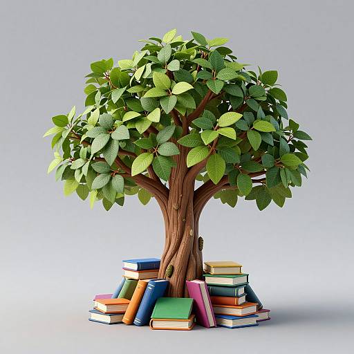 Photograph of a lush green tree with textured leaves, standing tall with colorful books stacked around its base.