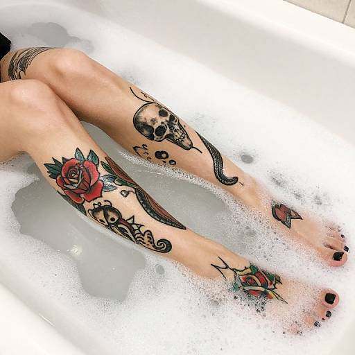 Photograph of tattooed legs in a bubble-filled white bathtub, featuring a large red rose, black skull, and intricate black designs on light skin,