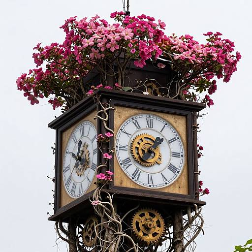 Photograph of an ornate, black clock tower with white Roman numerals, adorned with vibrant pink bougainvillea flowers and intricate vines, against