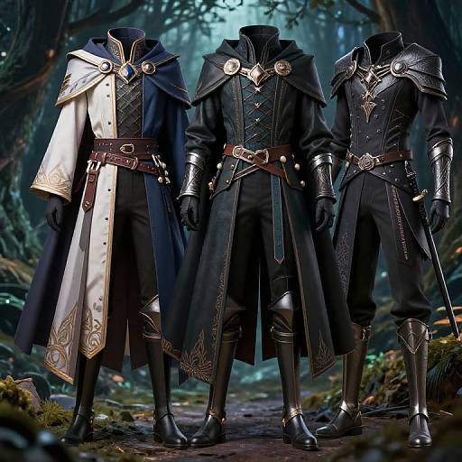 Digital art of three headless, armored figures in dark, ornate fantasy clothing with gold accents, standing in a mystical forest.