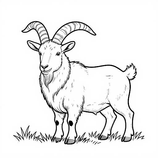 Black and white line drawing of a standing goat with prominent horns, fluffy beard, and tufted tail, standing on grass.