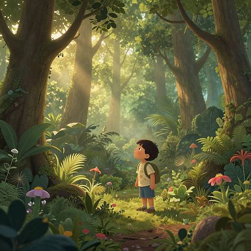 Digital illustration of a curious young boy in a lush, sunlit forest, standing among vibrant flowers, ferns, and towering trees.