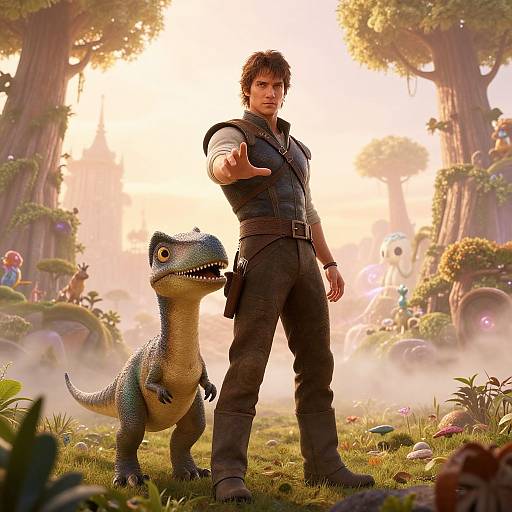 Photorealistic CGI of a rugged man in black vest and pants, pointing forward, standing beside a small, green dinosaur in a sunlit, lush